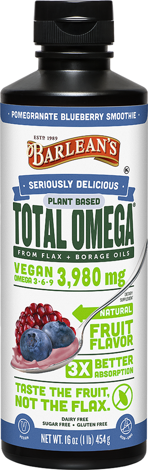 A bottle of Barleans Seriously Delicious™ Total Omega® Vegan Pomegranate Blueberry Smoothie