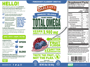 Label with supplement facts for Barleans Seriously Delicious™ Total Omega® Vegan Pomegranate Blueberry Smoothie