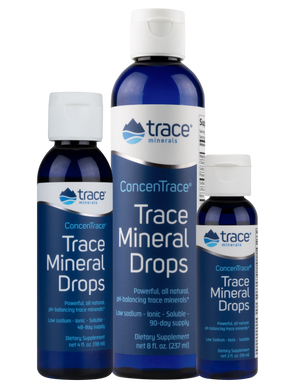 Three sized bottles of Trace Minerals ConcenTrace Trace Mineral Drops