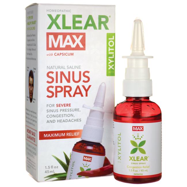 A package and bottle of Xlear MAX Saline Nasal Spray with Capsicum, 1.5 fl oz
