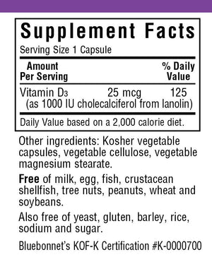 Supplement Facts for Bluebonnet Vitamin D3 1000 IU Capsules