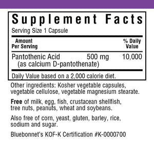 Supplement Facts for Bluebonnet Pantothenic Acid 500 mg