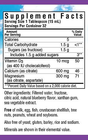 Supplement Facts for Bluebonnet Liquid Calcium Magnesium Citrate Plus Vitamin D3 - Blueberry