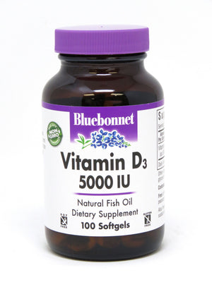 A bottle of Bluebonnet Vitamin D3 5000 IU