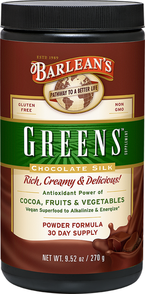 A jar of Barleans Chocolate Silk Greens™ Powder