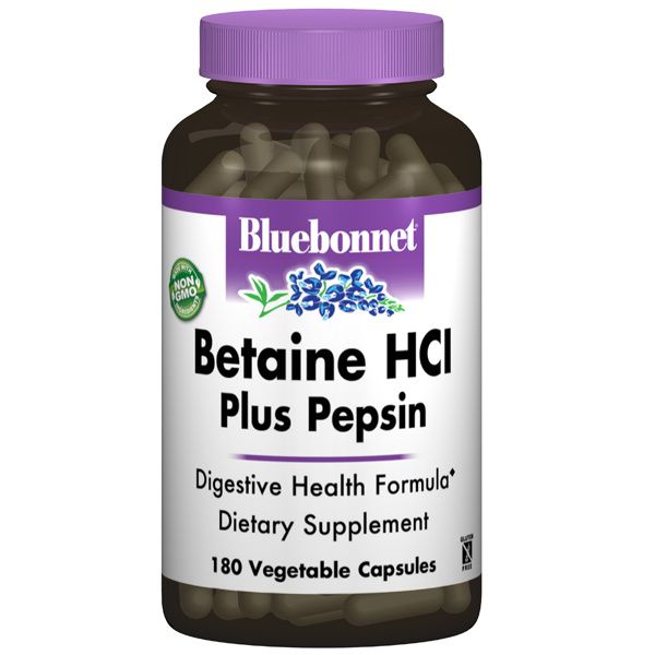 A bottle of Bluebonnet Betaine HCl Plus Pepsin