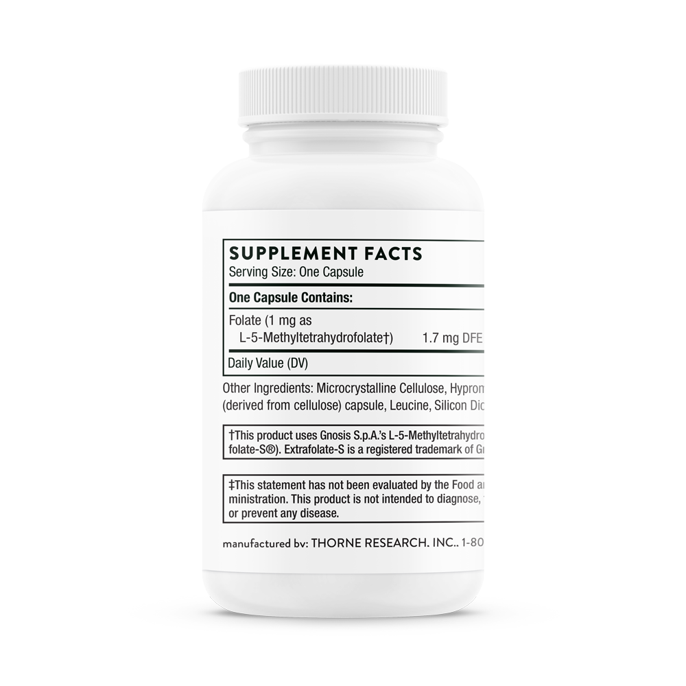 A white pill bottle that reads 5-MTHF 1 mg Thorne