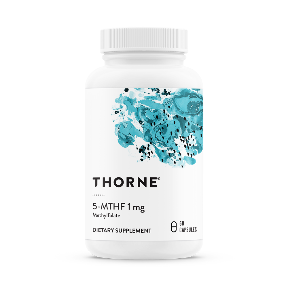 A white pill bottle that reads 5-MTHF 1 mg Thorne