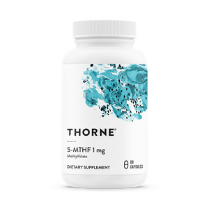 A white pill bottle that reads 5-MTHF 1 mg Thorne