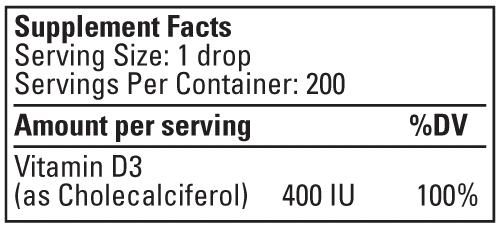 A package and bottle of ChildLife Organic Vitamin D3 Drops 400 IU