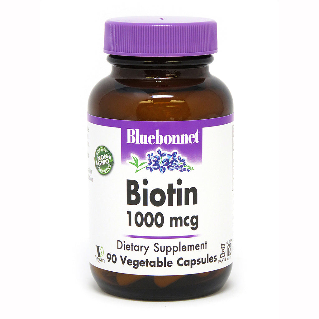 A bottle of Bluebonnet Biotin 1000 mcg