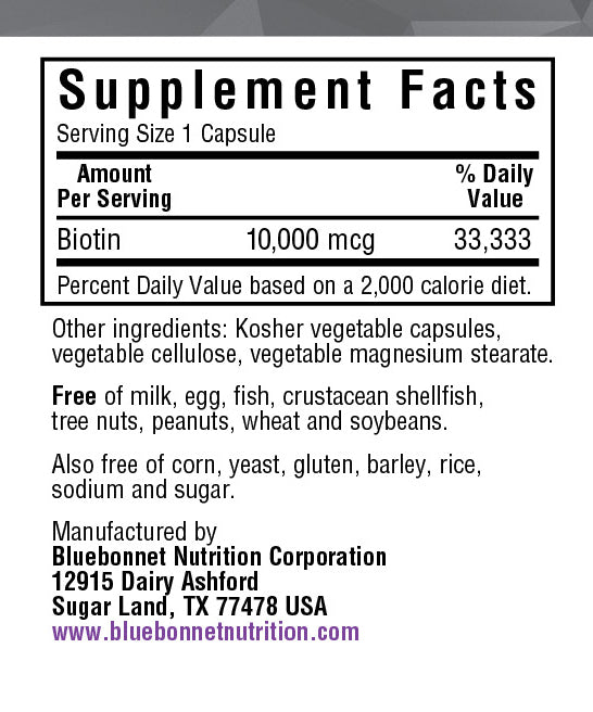 The package and bottle for Bluebonnet Beautiful Ally® Biotin 10,000 mcg