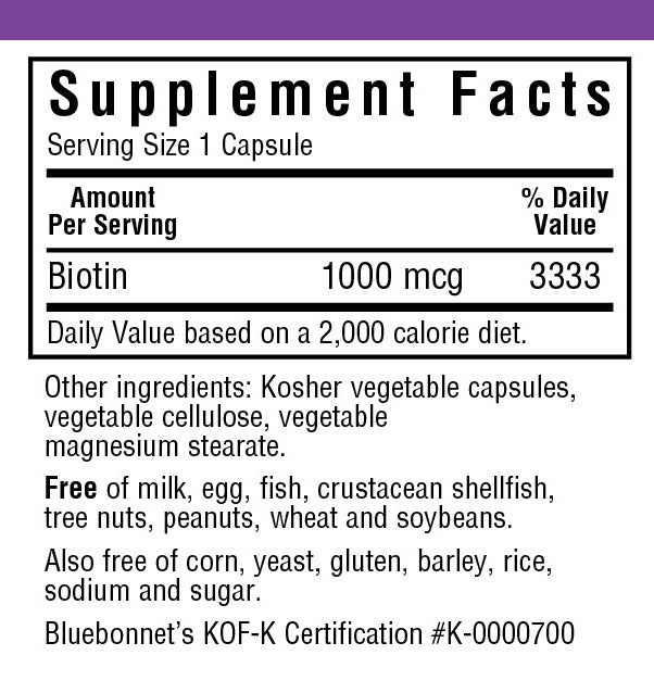 A bottle of Bluebonnet Biotin 1000 mcg
