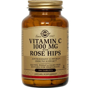 A bottle of Solgar Vitamin C 1000 mg with Rose Hips