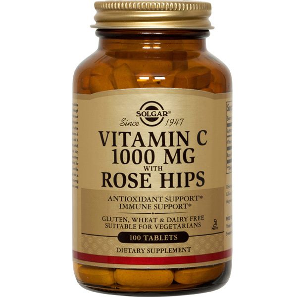 A bottle of Solgar Vitamin C 1000 mg with Rose Hips
