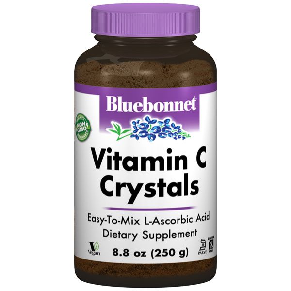 A bottle of Bluebonnet Vitamin C Crystals