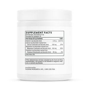 Side of the bottle with supplemental facts for Thorne Buffered C Powder