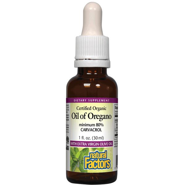 A bottle of Natural Factors Certified Organic Oil of Oregano