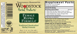 A label with Supplemental facts for Woodstock Herbal Products Female Repro Formula