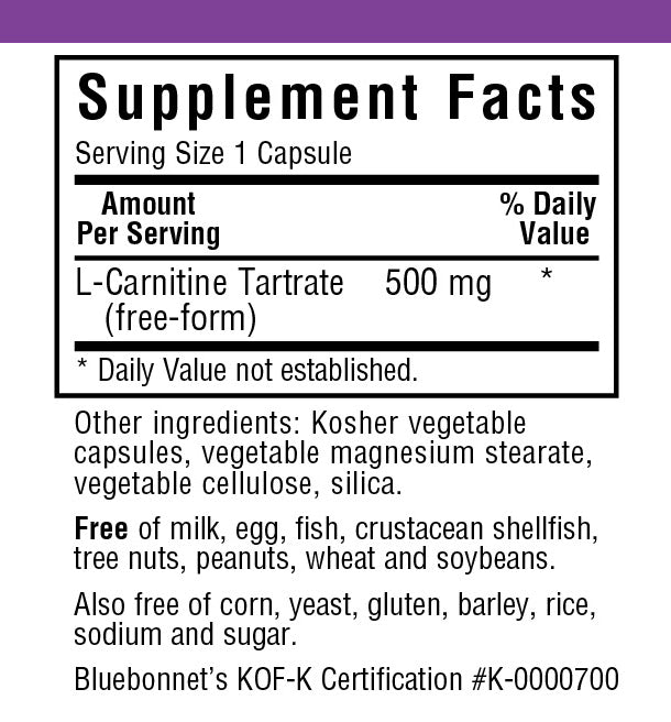 A bottle of Bluebonnet L-Carnitine 500 Mg