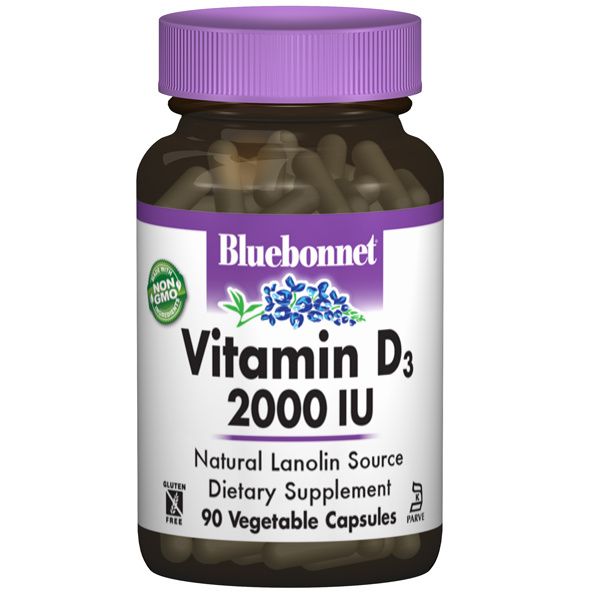 A bottle of Bluebonnet Vitamin D3 2000 IU Capsules