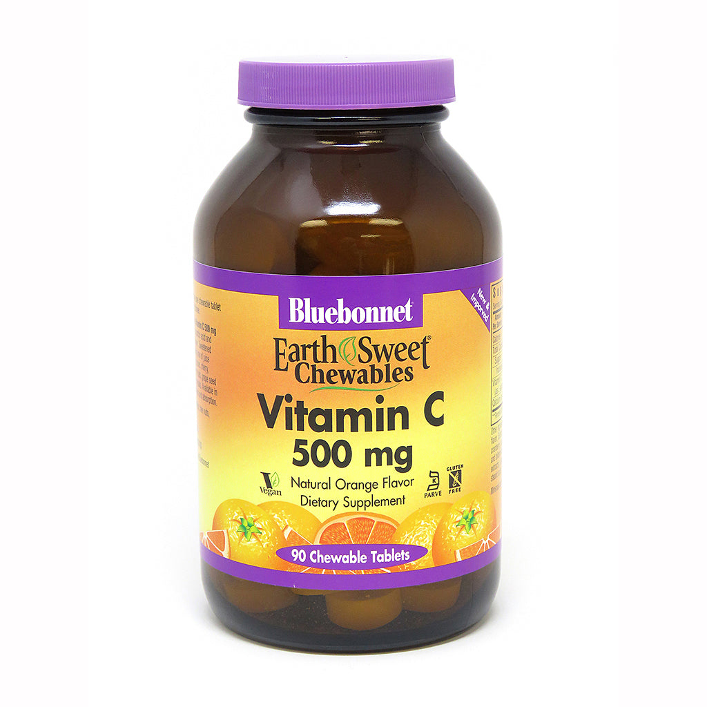 A bottle of Earth Sweet Chewable Vitamin C 500 mg Bluebonnet