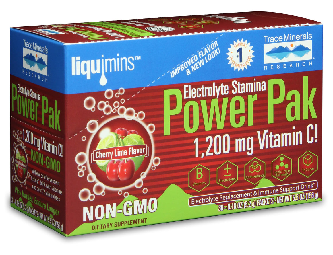 A box of Trace Minerals Electrolyte Stamina Power Pak NON-GMO Cherry Lime
