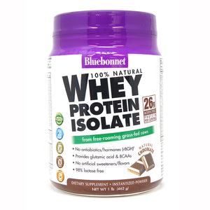 A bottle of Bluebonnet Whey Protein Isolate Powder Chocolate