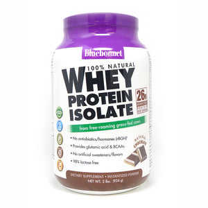 A bottle of Bluebonnet Whey Protein Isolate Powder Chocolate