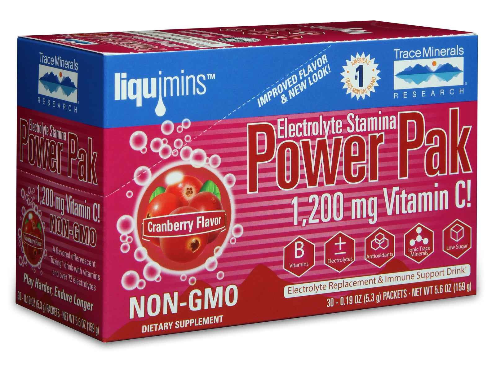 A box of Trace Minerals Electrolyte Stamina Power Pak NON-GMO Cranberry