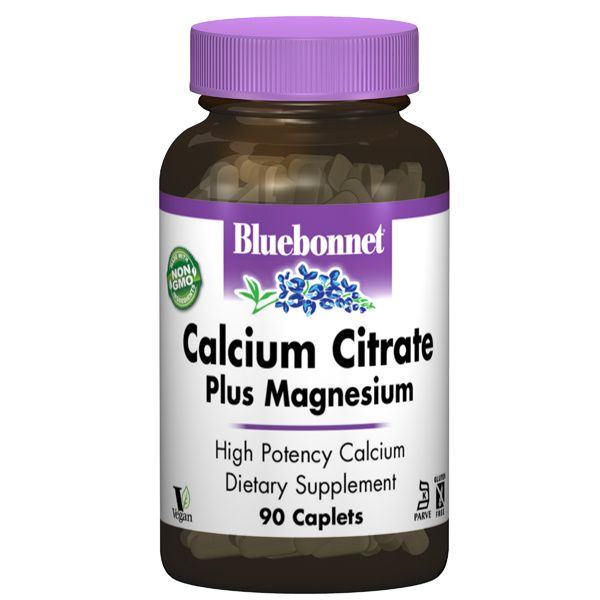 A bottle of Bluebonnet Calcium Citrate Plus Magnesium Caplets