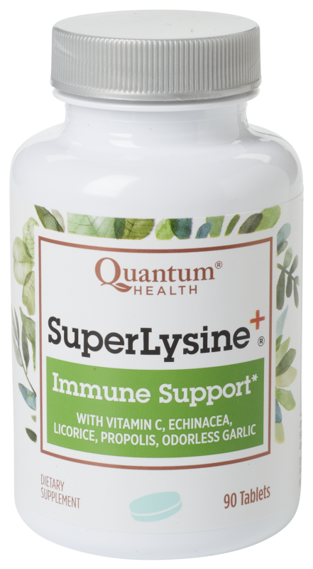 A bottle of Quantum Health Super Lysine+® Tablets