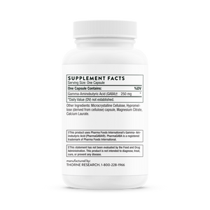 Side of bottle with supplement facts for Thorne PharmaGABA-250