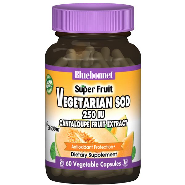 A bottle of Bluebonnet Super Fruit Vegetarian SOD Cantaloupe Fruit Extract