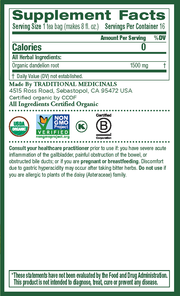 A box of Traditional Medicinals Organic Roasted Dandelion Root Tea