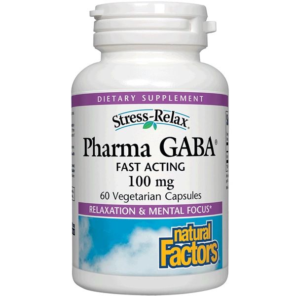A bottle of Natural Factors Stress-Relax® Pharma GABA® 100 mg Capsules