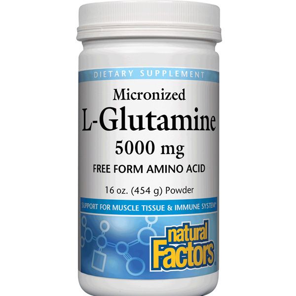 A jar of Natural Factors Micronized L-Glutamine 5000 mg
