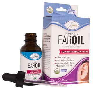 A bottle and package of Wally's Natural Organic Ear Oil