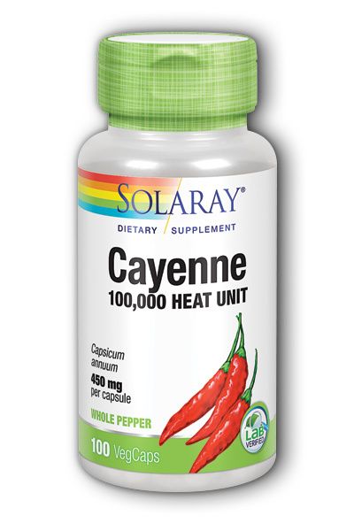A bottle of Solaray Cayenne 100 000 Heat Unit