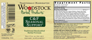 A label with supplemental facts for Woodstock Herbal Products C & F Seasonal Support 2 oz