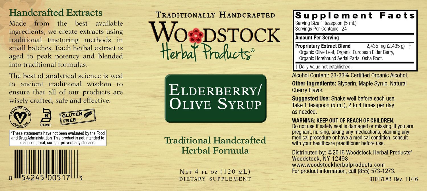 A bottle of Woodstock Herbal Products Elderberry Olive Syrup