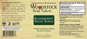 A label with additional information and supplemental facts for Woodstock Herbal Products Elderberry Olive Syrup