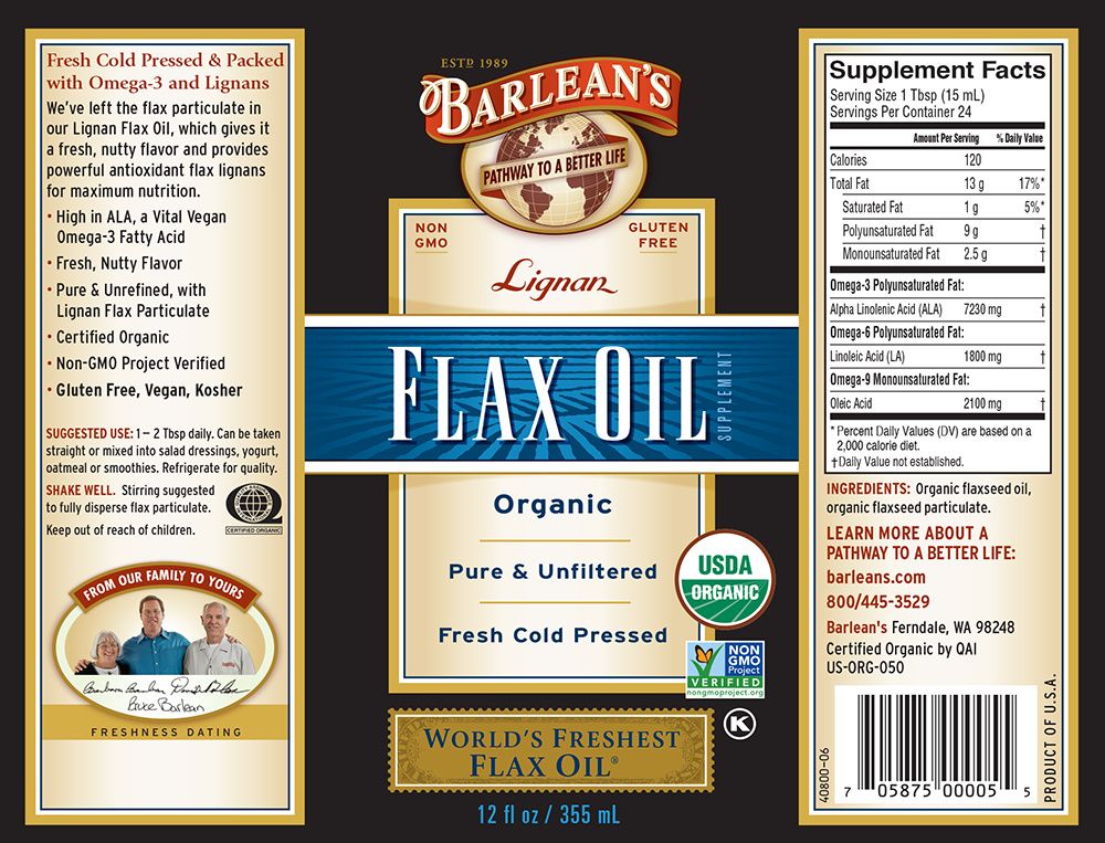 A bottle of Barleans Organic Lignan Flax Oil