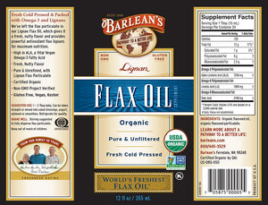 Bottle label with additional info and supplemental facts for Barleans Organic Lignan Flax Oil