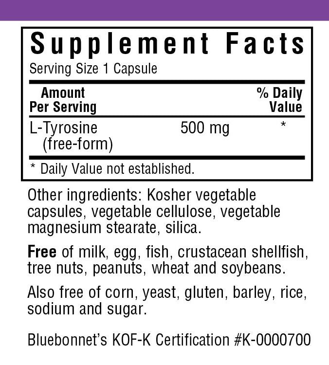 A bottle of Bluebonnet L-Tyrosine 500 mg