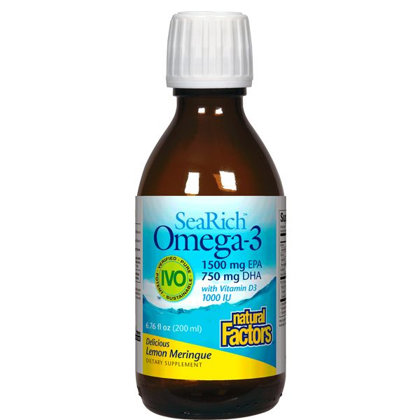 A bottle of Naturals Factors SeaRich™ Omega-3 1500 mg EPA / 750 mg DHA with Vitamin D3 1000 I.U. Lemon Meringue