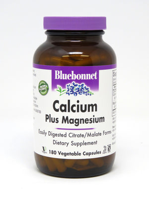 A bottle of Bluebonnet Calcium Plus Magnesium Capsules