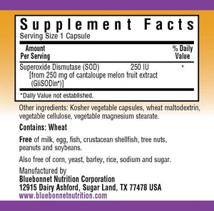 Supplement Facts for Bluebonnet Super Fruit Vegetarian SOD Cantaloupe Fruit Extract