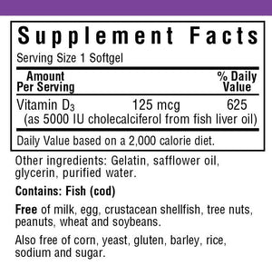 Supplement Facts for Bluebonnet Vitamin D3 5000 IU
