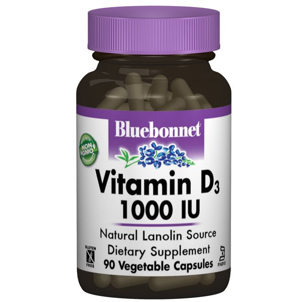 A bottle of Bluebonnet Vitamin D3 1000 IU Capsules